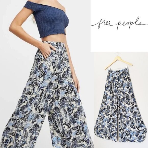Free People Intimately High Waist Wide Leg Paisley Floral Palazzo Pants Blue XS - Picture 1 of 16